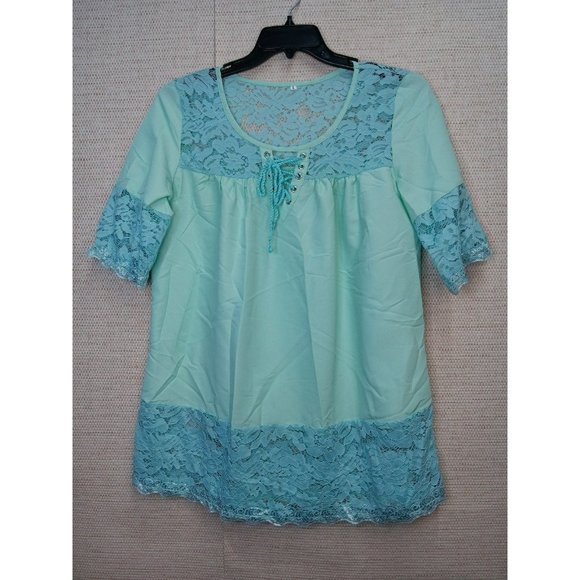 Cute work Turquoise Blue Summer Lace V neck Polyester Blouse size Large - Picture 9 of 9